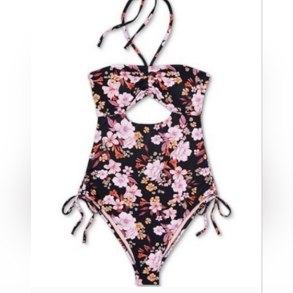 Shade & Shore Halter Keyhole Cut Out Back One Piece Swimsuit Black Floral Size M - Picture 2 of 16